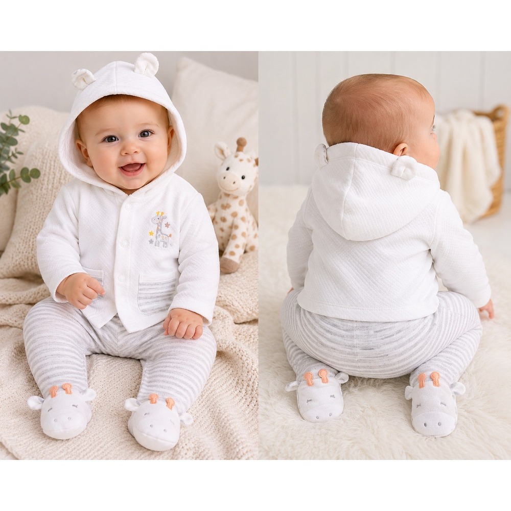 Little Me Hoodie and Pants Set Infant 3M White Striped Giraffe Organic Cotton